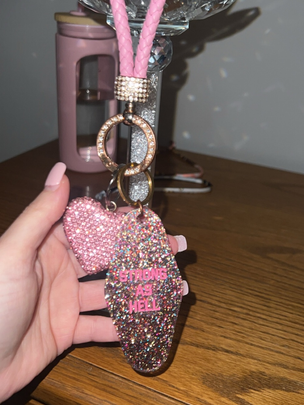 Pink Glitter Keychain Charm with Heart Accent - Strong As Hell